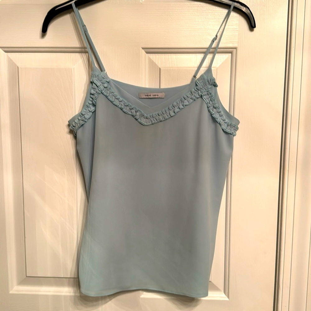 Dusty blue camisole with ruffle detail at neckline